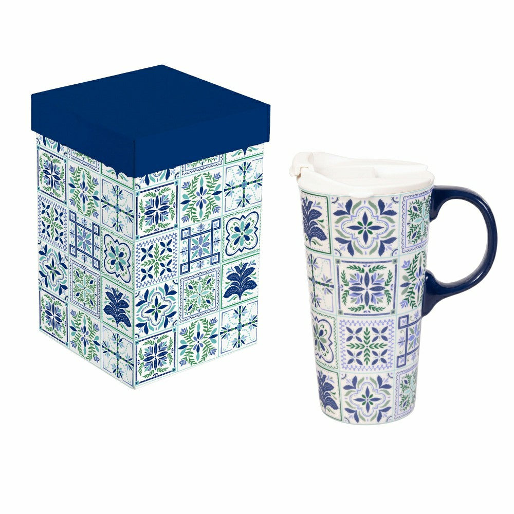 Seaside Retreat Travel Cup Ceramic Perfect Cup, Floral Tiles, 17oz, Gi | Plow & Hearth