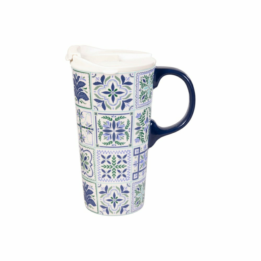 Seaside Retreat Travel Cup Ceramic Perfect Cup, Floral Tiles, 17oz, Gi | Plow & Hearth