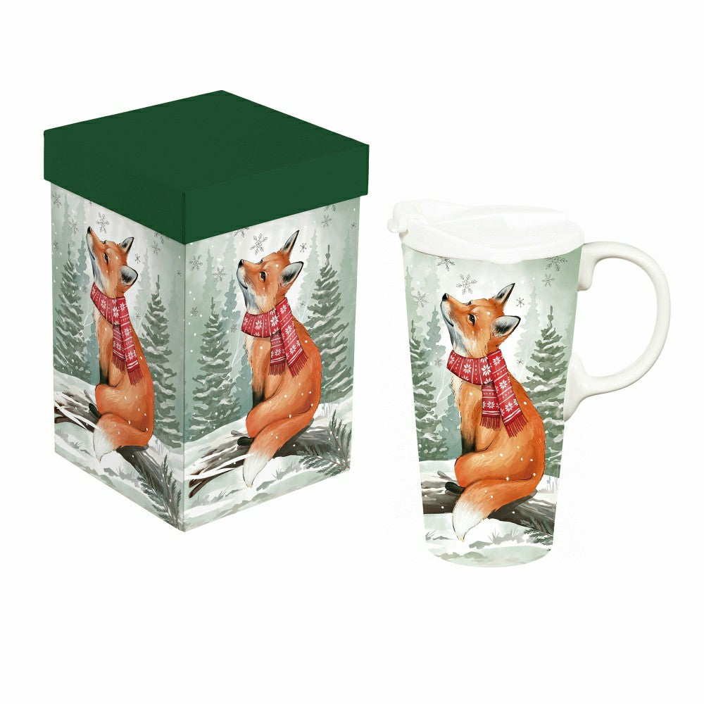 Winter Grove Travel Cup Ceramic Perfect Cup, Fox, 17oz, Gift Box | Plow & Hearth