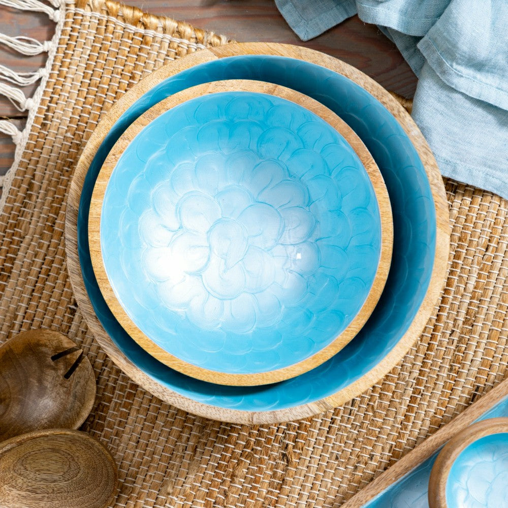 Blue Coastal Bowl Wood with Scalloped Enamel, Set of 2 | Plow & Hearth