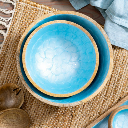 Blue Coastal Bowl Wood with Scalloped Enamel, Set of 2 | Plow & Hearth