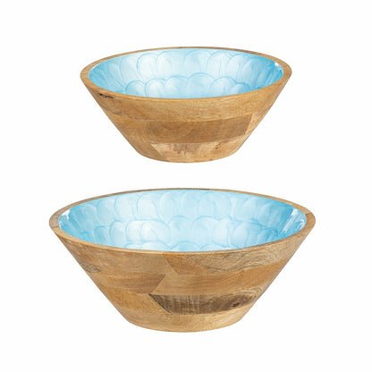 Blue Coastal Bowl Wood with Scalloped Enamel, Set of 2 | Plow & Hearth