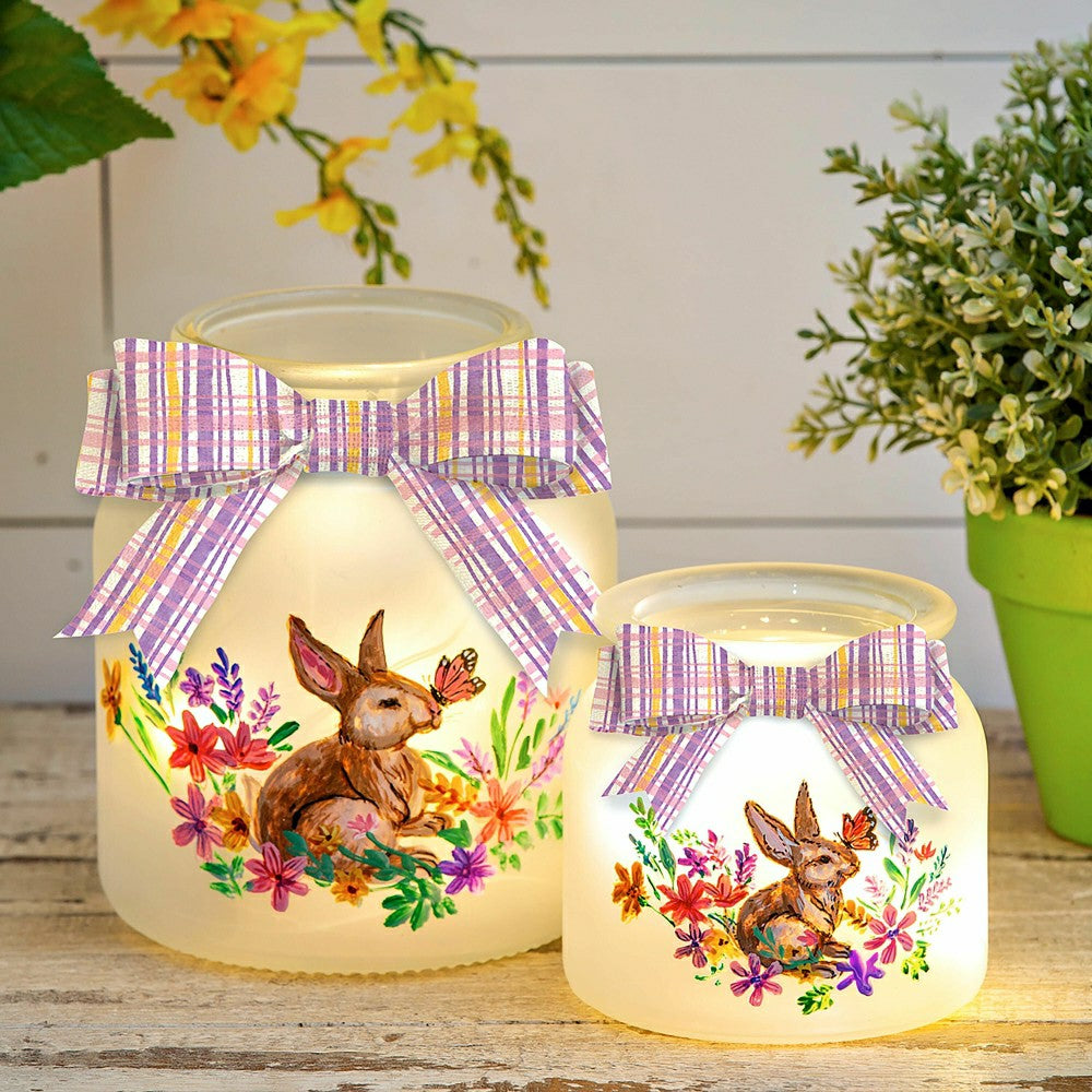 Lighted Glass Jar with Springtime Bunny Scene, Set of 2 | Plow & Hearth