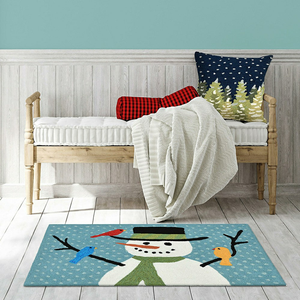 Indoor/Outdoor Hand-Hooked Snowman and Birds Accent Rug, 20" x 30" | Plow & Hearth