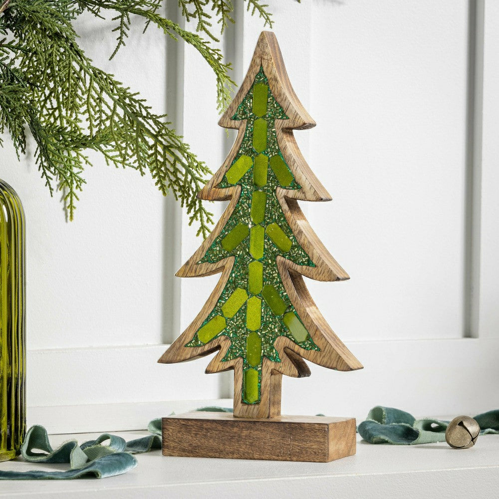 Shades of Emerald Table Décor Tree with Embellishments Wood, 12.25"H | Plow & Hearth
