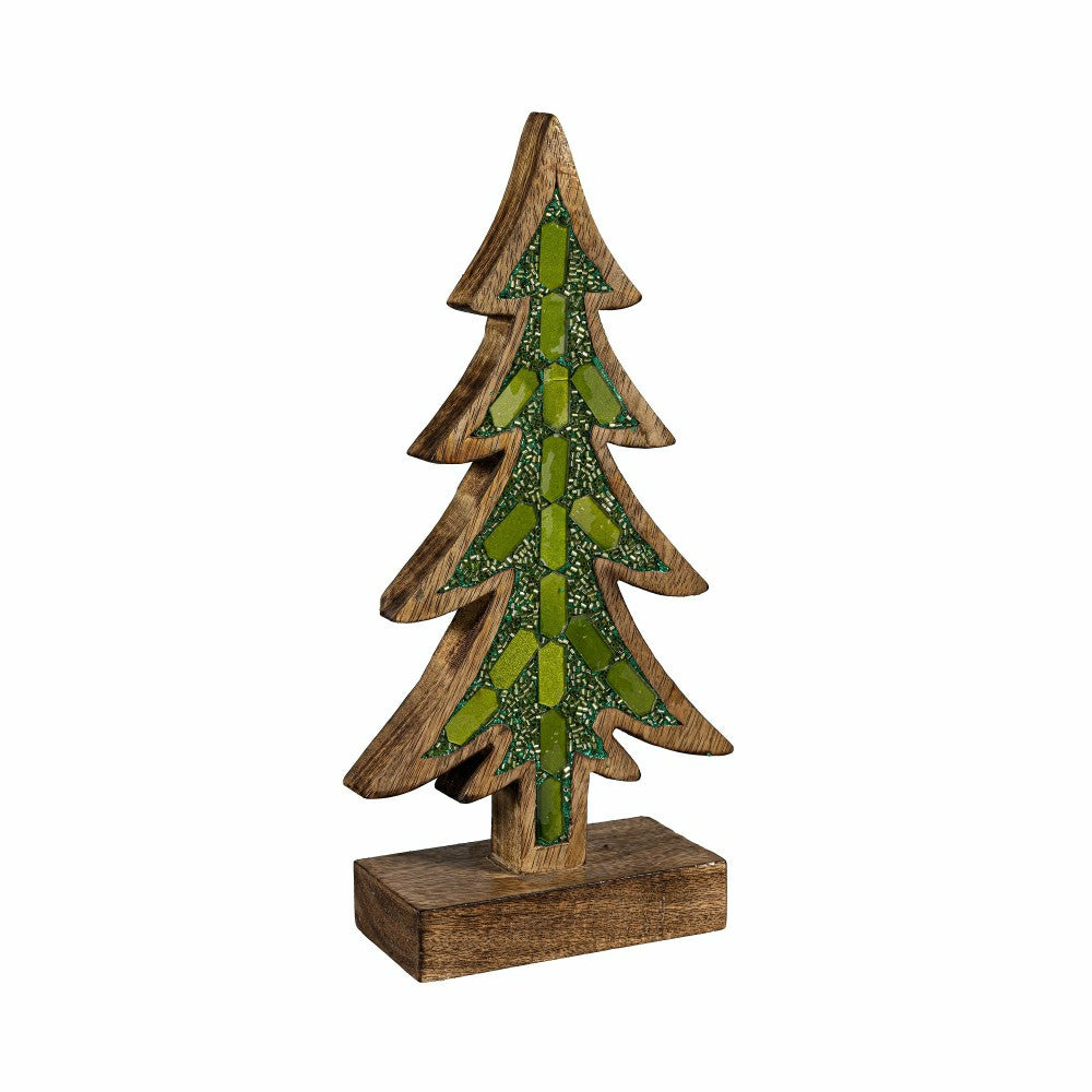 Shades of Emerald Table Décor Tree with Embellishments Wood, 12.25"H | Plow & Hearth