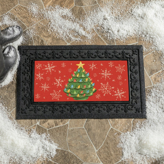 Christmas tree Flocked Coir Sassafras Switch Mat, 22"x10" | Plow & Hearth