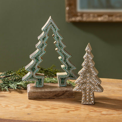 Shades of Emerald Table Décor Nested Tree with Beading Wood, 8"H | Plow & Hearth