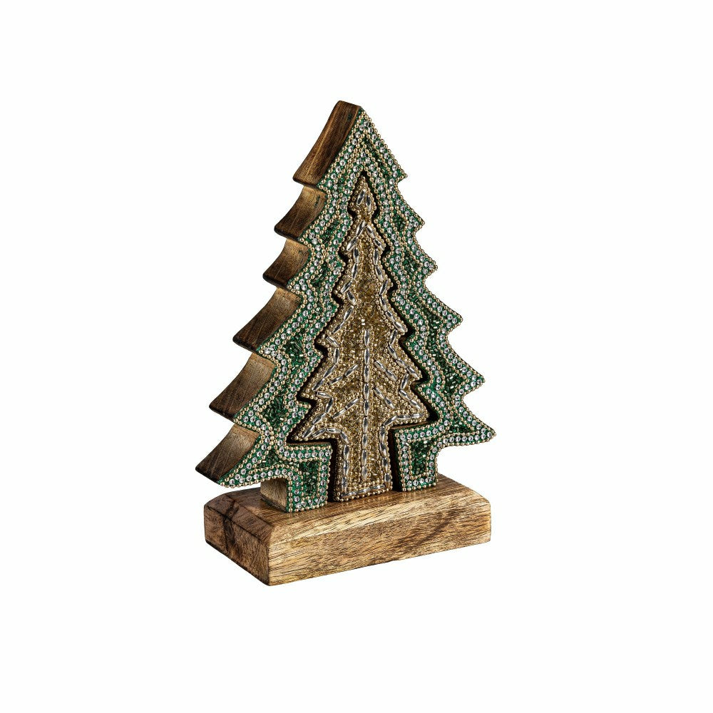 Shades of Emerald Table Décor Nested Tree with Beading Wood, 8"H | Plow & Hearth