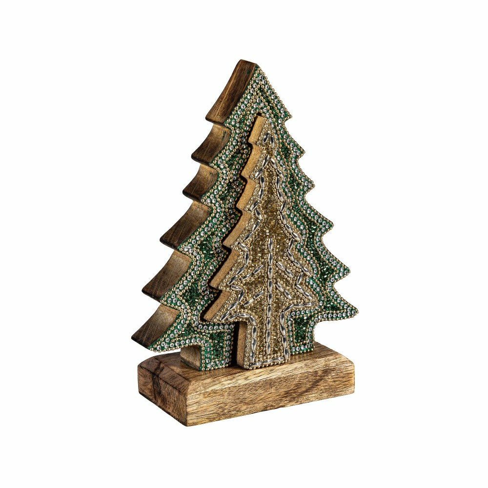 Shades of Emerald Table Décor Nested Tree with Beading Wood, 8"H | Plow & Hearth