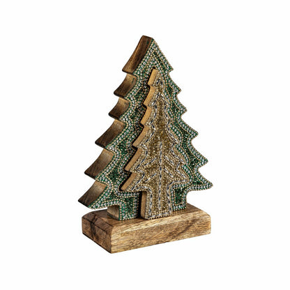 Shades of Emerald Table Décor Nested Tree with Beading Wood, 8"H | Plow & Hearth