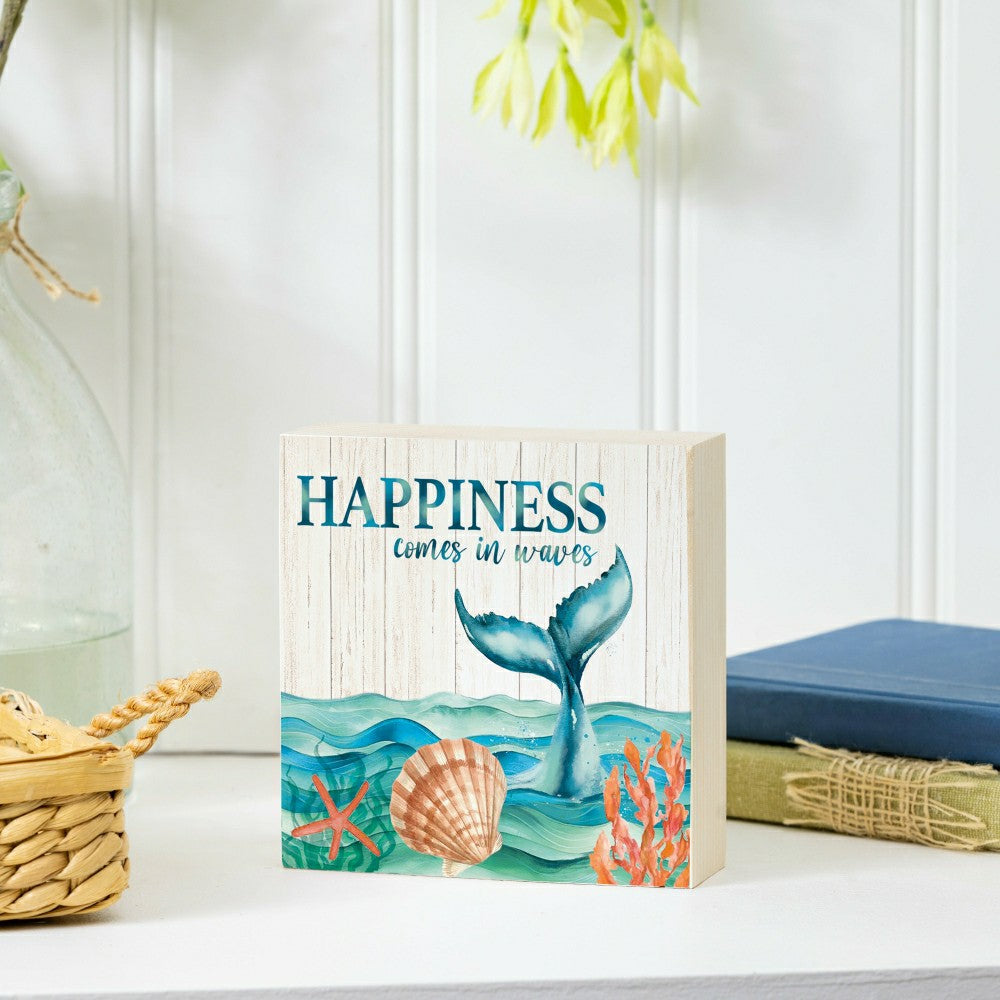 Blue Coastal Happiness Waves Sign Wood Block "Happiness", 6"x6" | Plow & Hearth