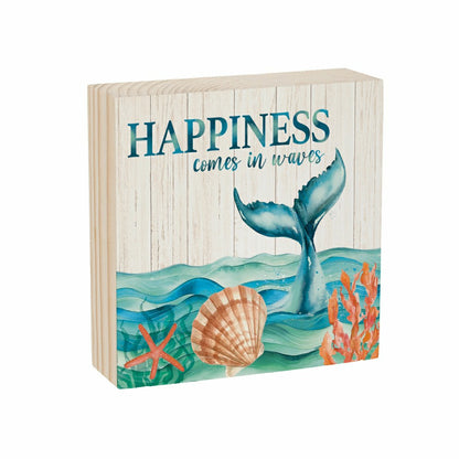 Blue Coastal Happiness Waves Sign Wood Block "Happiness", 6"x6" | Plow & Hearth