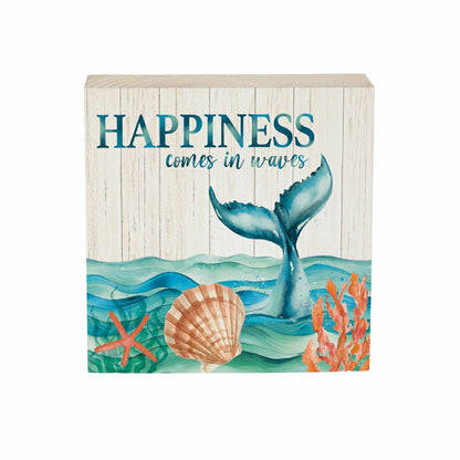Blue Coastal Happiness Waves Sign Wood Block "Happiness", 6"x6" | Plow & Hearth