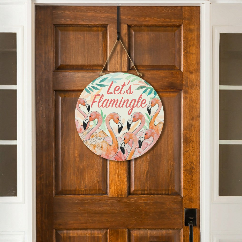 Palm Beach Flamingo Wood Door Décor, "Let's Flamingle", 18" | Plow & Hearth