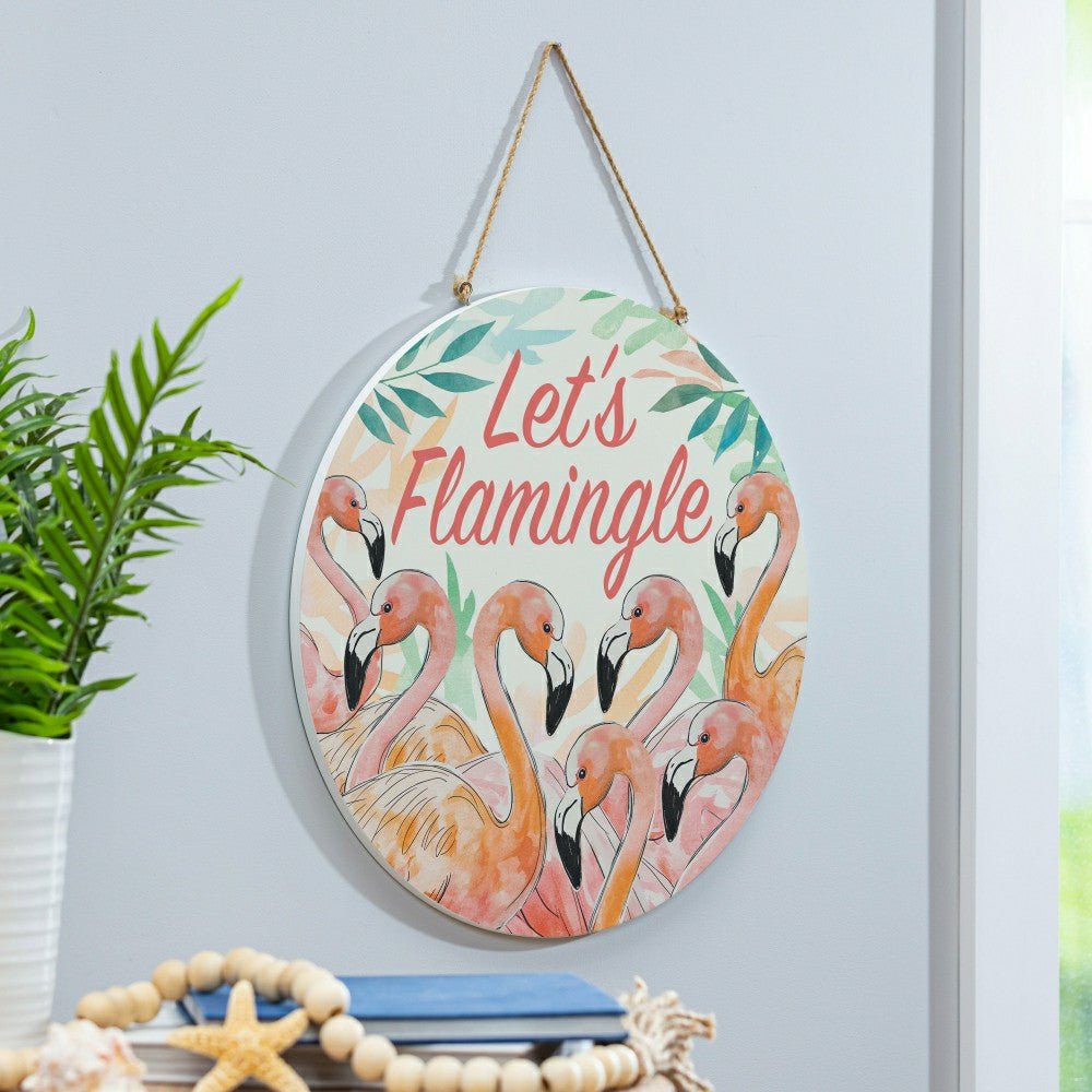 Palm Beach Flamingo Wood Door Décor, "Let's Flamingle", 18" | Plow & Hearth