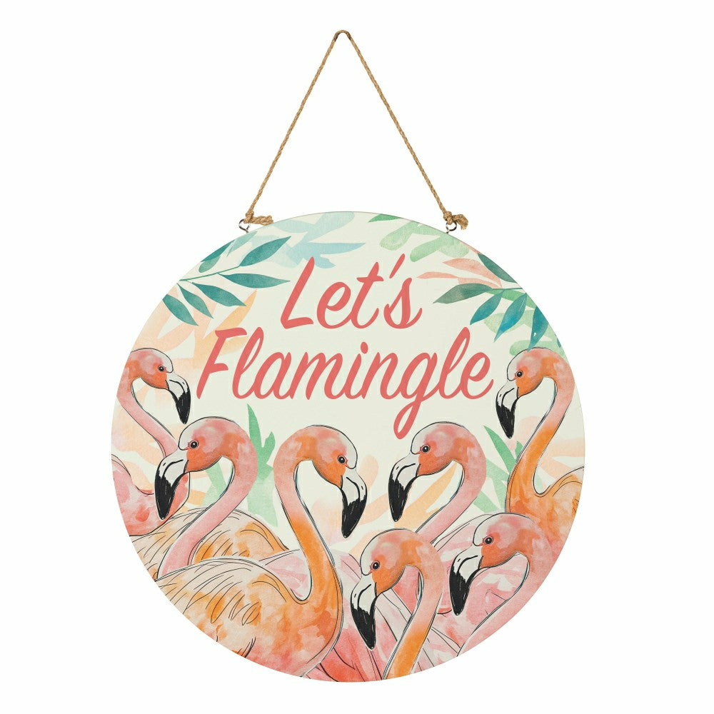 Palm Beach Flamingo Wood Door Décor, "Let's Flamingle", 18" | Plow & Hearth