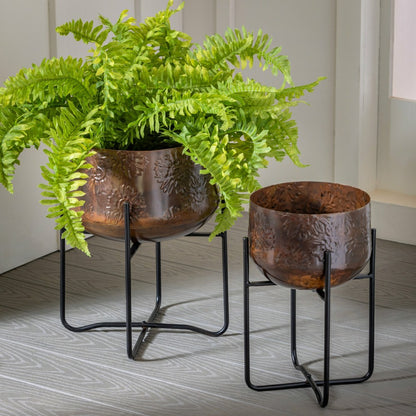 Petal & Plow Planter, Embossed Metal Sunflower with Stand, Set of 2 | Plow & Hearth