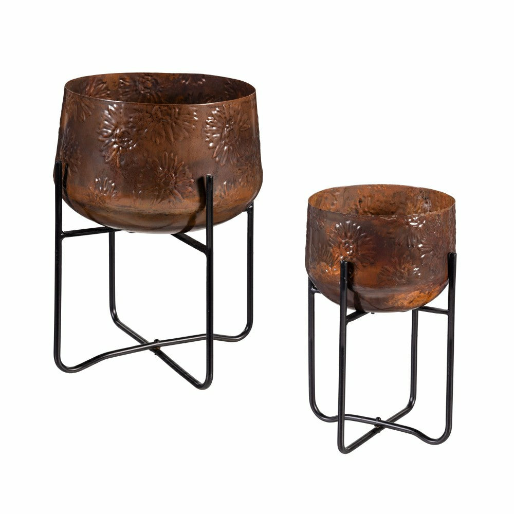 Petal & Plow Planter, Embossed Metal Sunflower with Stand, Set of 2 | Plow & Hearth