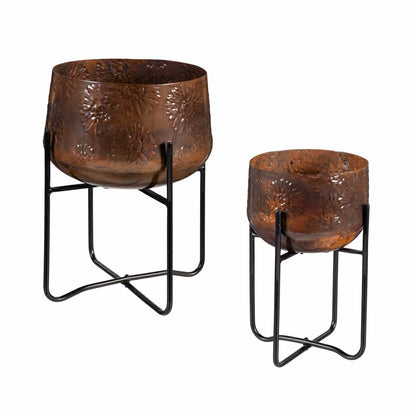 Petal & Plow Planter, Embossed Metal Sunflower with Stand, Set of 2 | Plow & Hearth