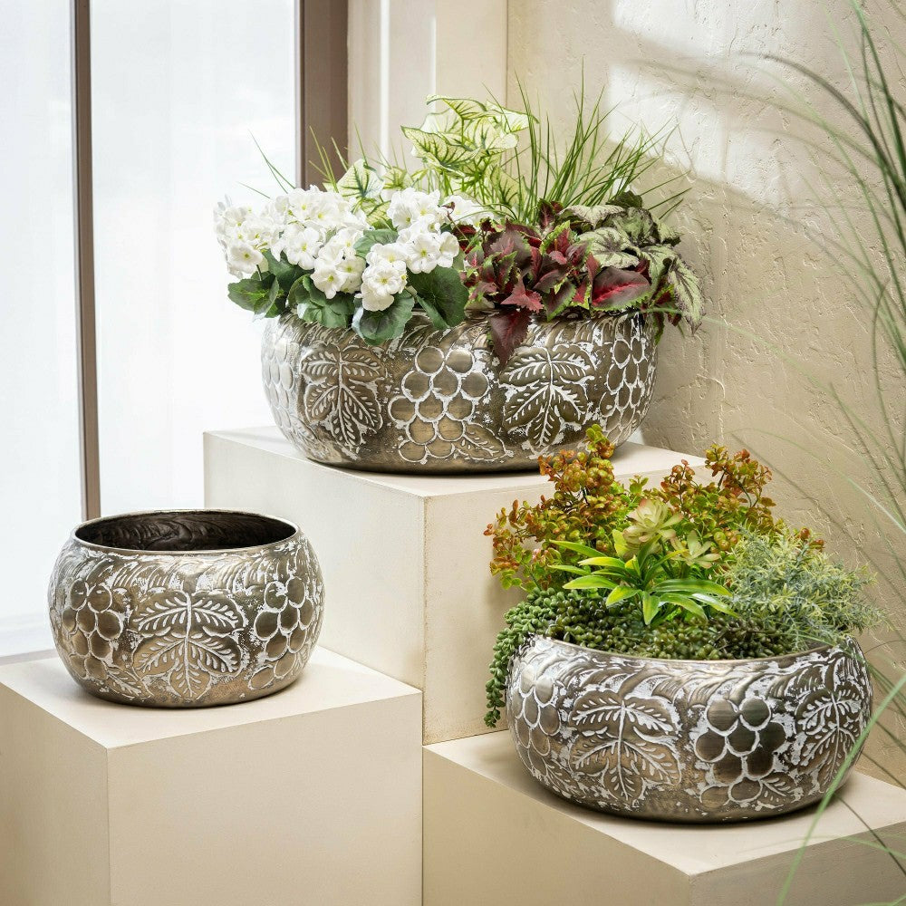 Petal & Plow Planters, Metal, Embossed Round Bowl, Nested Set of 3 | Plow & Hearth