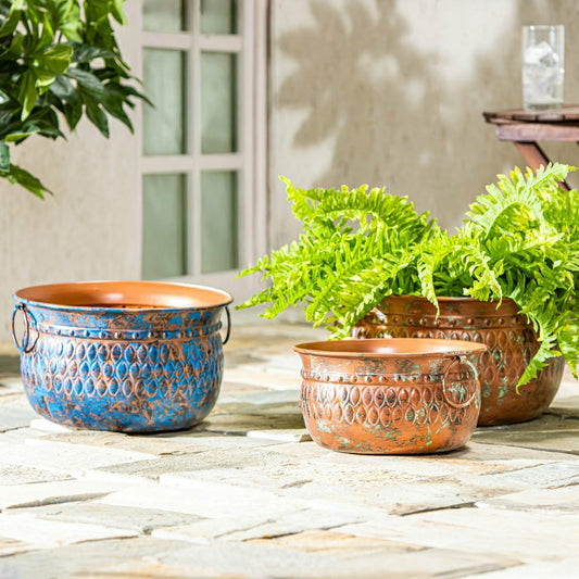 What She Shed Embossed Planter with Handles, Metal, Set of 3 | Plow & Hearth