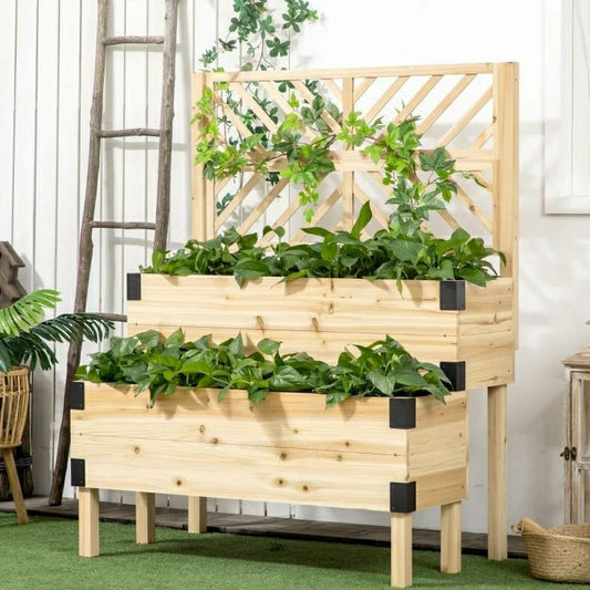 2 Tier Natural Wood Raised Planter Box with Trellis | Plow & Hearth