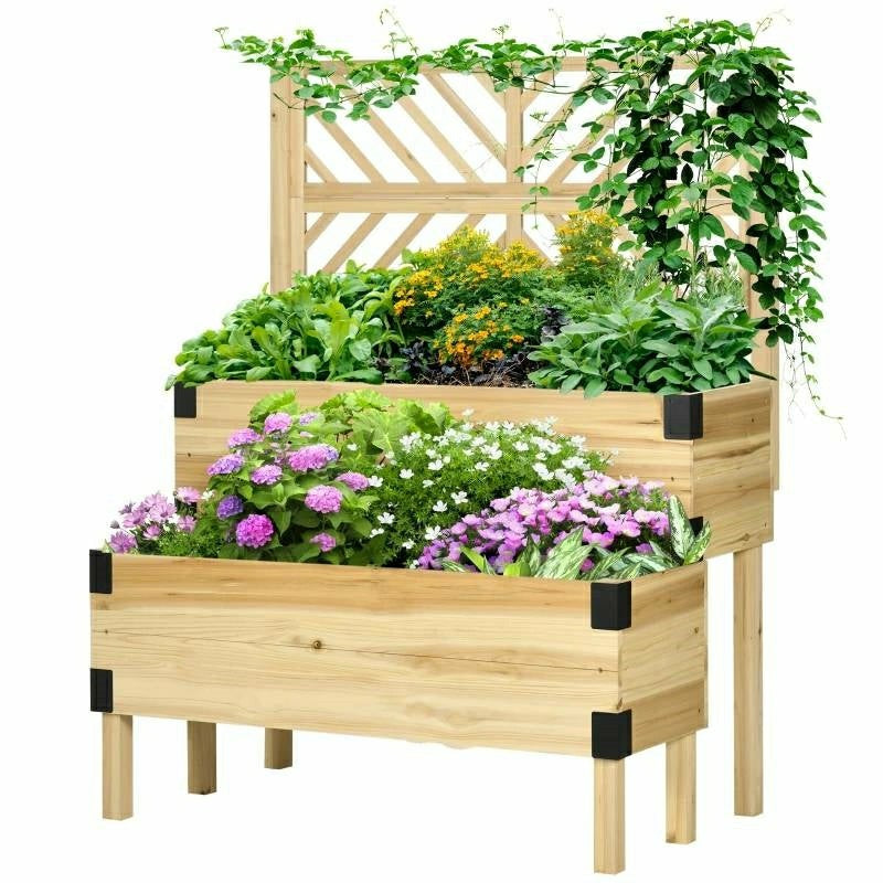2 Tier Natural Wood Raised Planter Box with Trellis | Plow & Hearth