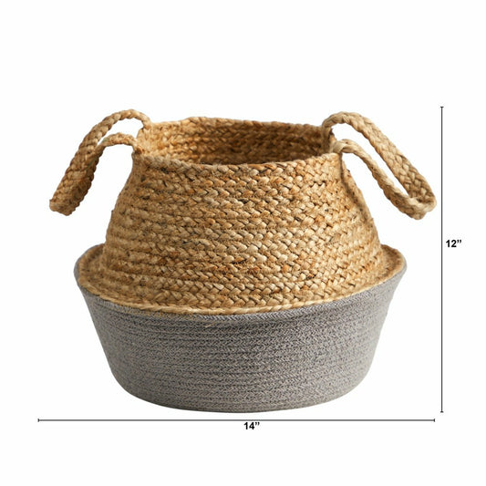 14” Boho Chic Handmade Cotton & Jute Gray Woven Planter | Plow & Hearth