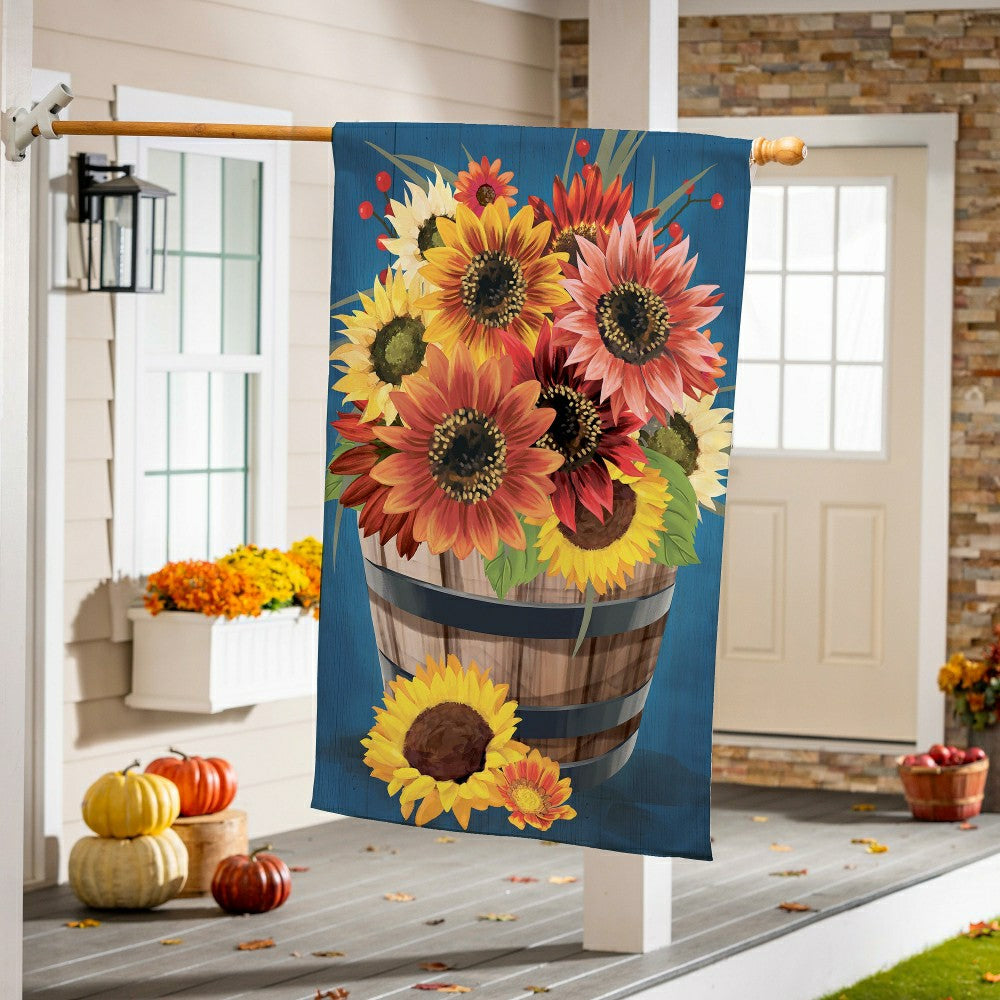 Barrel Of Blooms & Pumpkins Burlap House Flag | Plow & Hearth