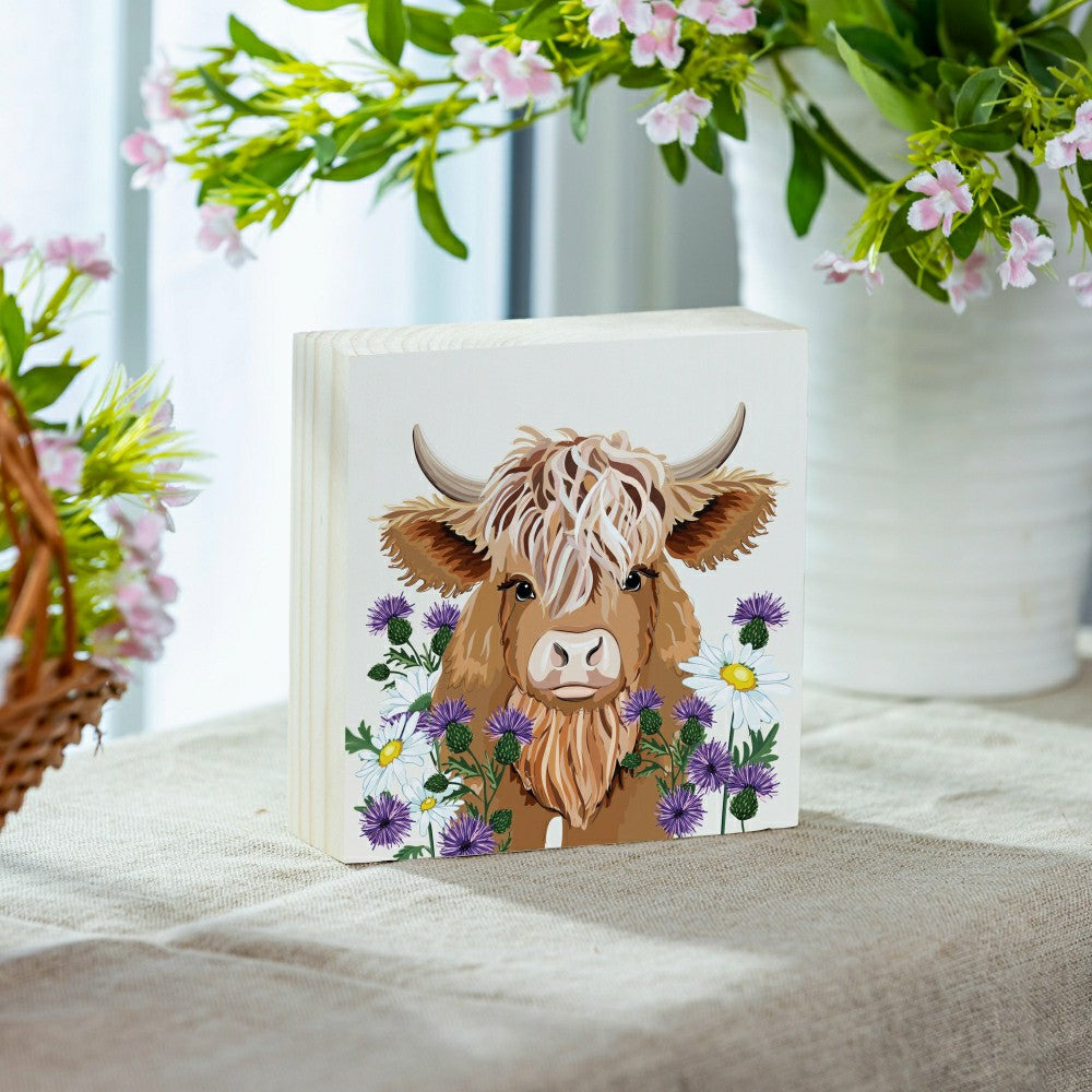 Petal & Plow Highland Cow Sign Wood Block, 6"x6" | Plow & Hearth