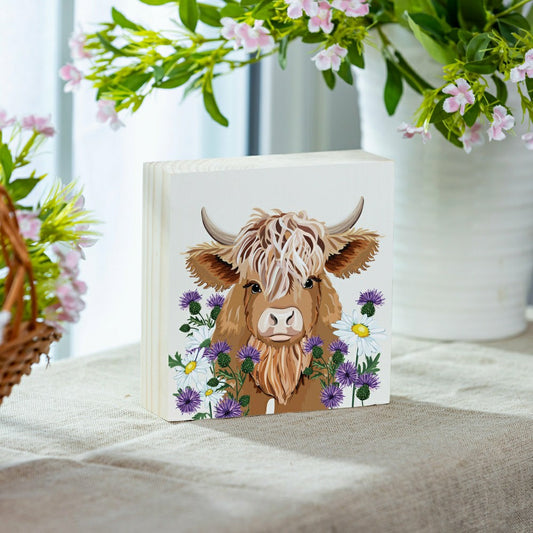Petal & Plow Highland Cow Sign Wood Block, 6"x6" | Plow & Hearth