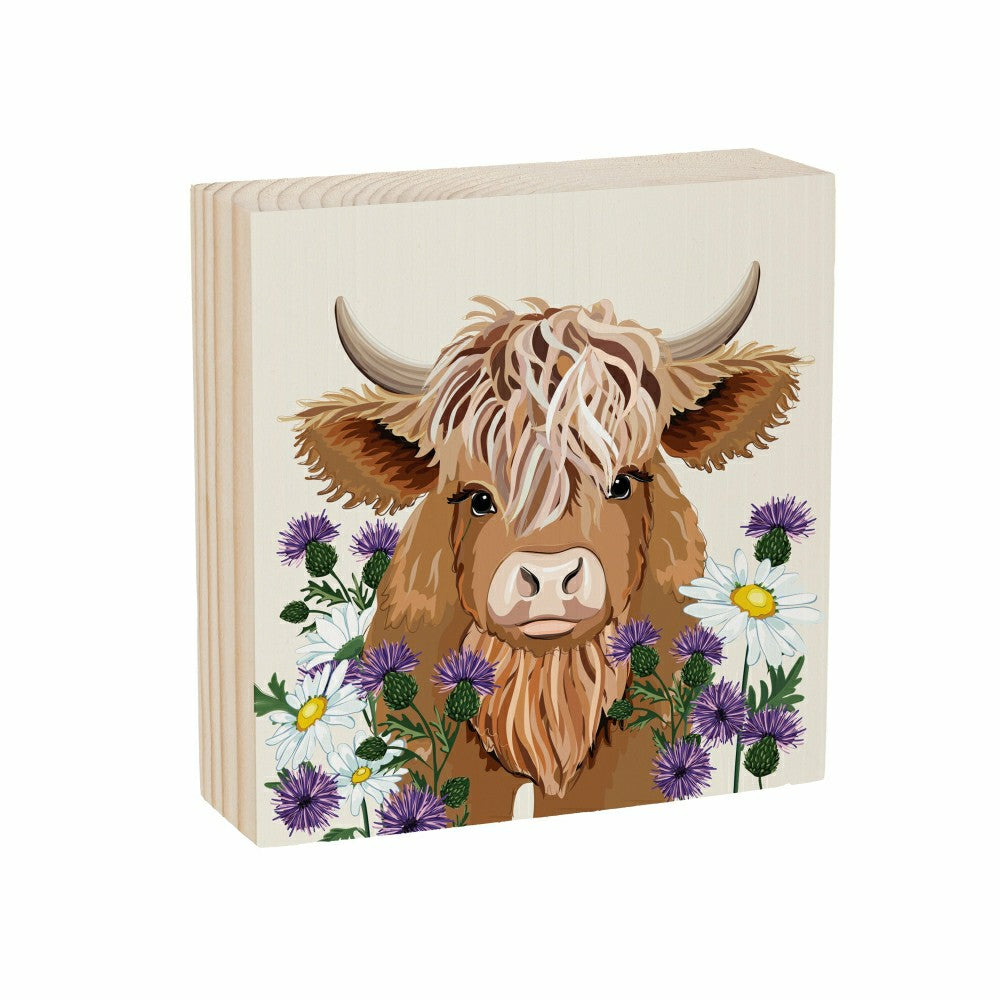 Petal & Plow Highland Cow Sign Wood Block, 6"x6" | Plow & Hearth