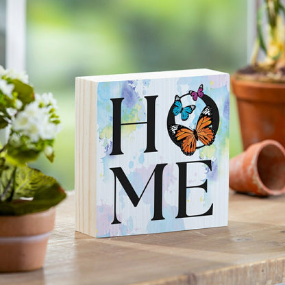 Pollinator Garden Sign Wood Block "Home" Butterfly, 6"x6" | Plow & Hearth