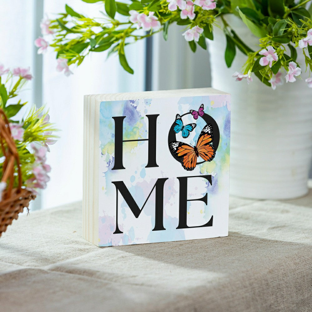 Pollinator Garden Sign Wood Block "Home" Butterfly, 6"x6" | Plow & Hearth