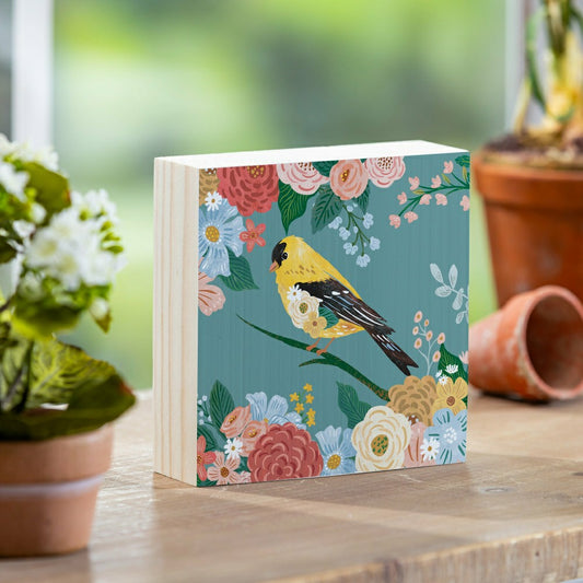 What She Shed Goldfinch with Floral Blooms Sign Wood Block, 6"x6" | Plow & Hearth