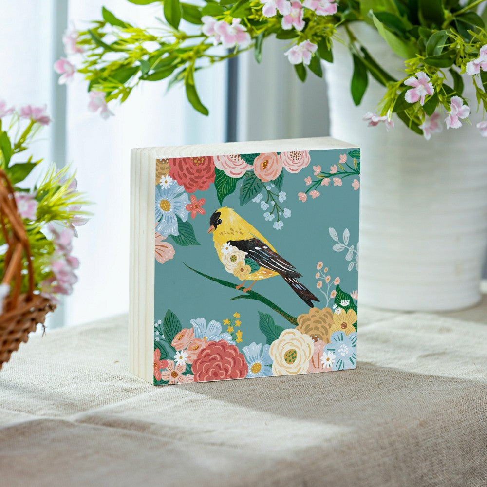 What She Shed Goldfinch with Floral Blooms Sign Wood Block, 6"x6" | Plow & Hearth