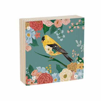 What She Shed Goldfinch with Floral Blooms Sign Wood Block, 6"x6" | Plow & Hearth