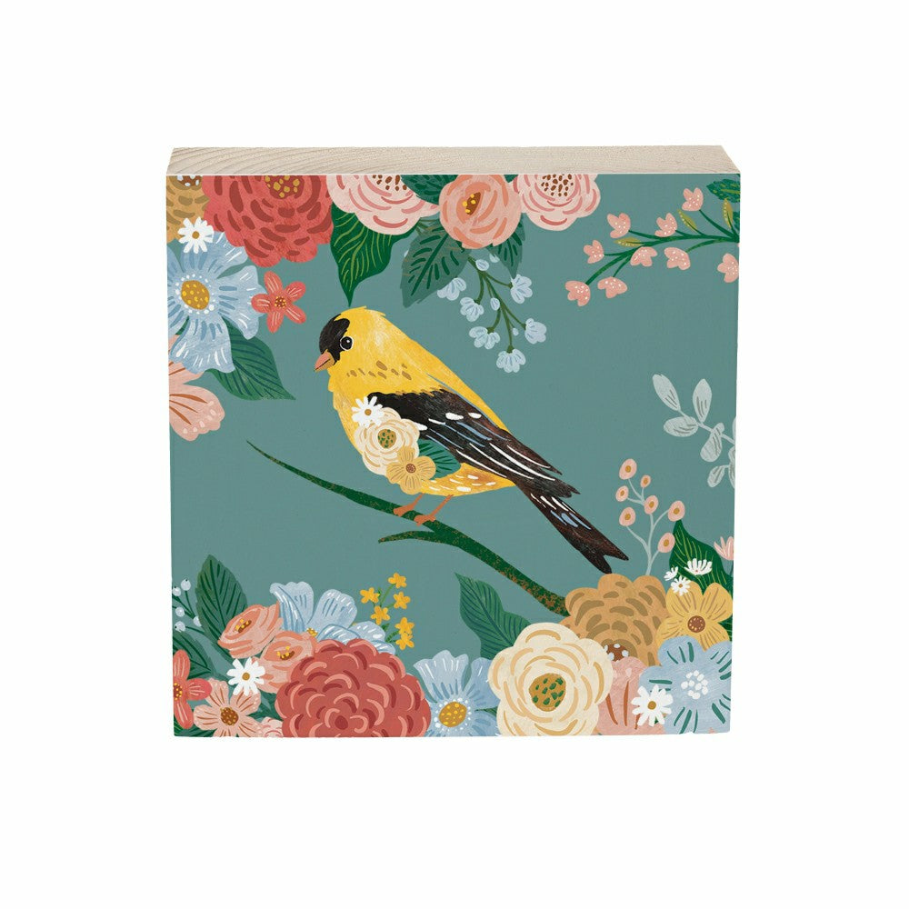 What She Shed Goldfinch with Floral Blooms Sign Wood Block, 6"x6" | Plow & Hearth