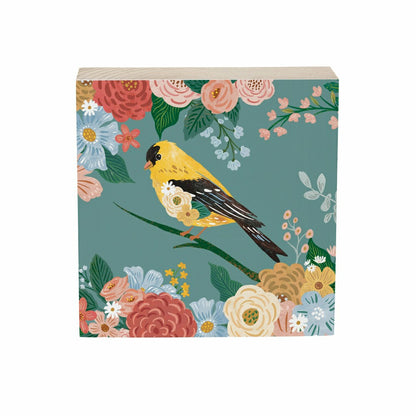 What She Shed Goldfinch with Floral Blooms Sign Wood Block, 6"x6" | Plow & Hearth