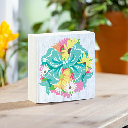 Bunny Blooms Floral Bow Sign Wood Block, 6"x6" | Plow & Hearth