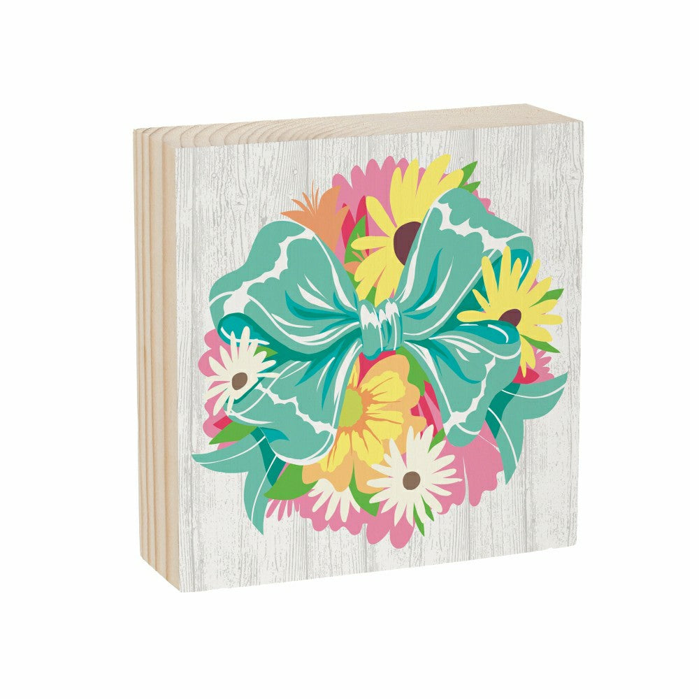 Bunny Blooms Floral Bow Sign Wood Block, 6"x6" | Plow & Hearth