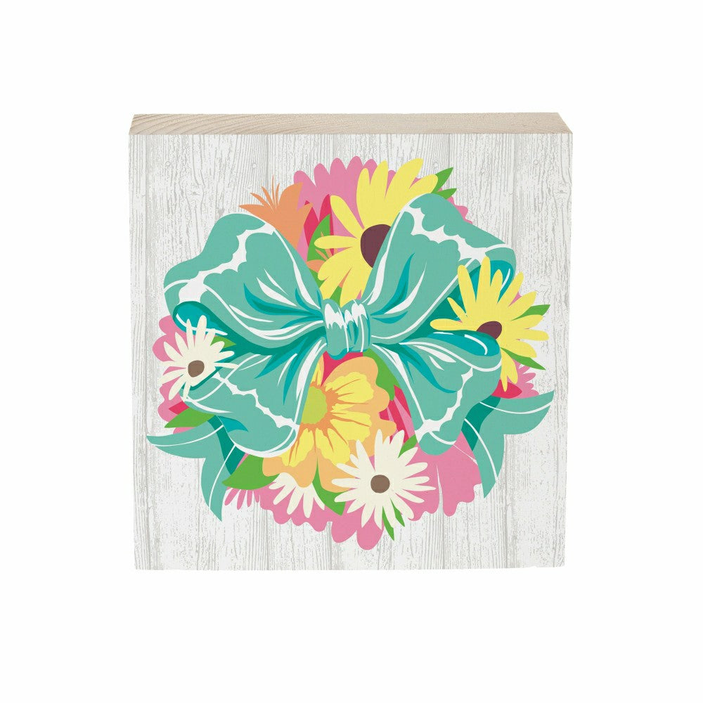 Bunny Blooms Floral Bow Sign Wood Block, 6"x6" | Plow & Hearth