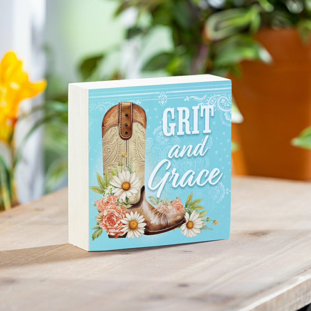 Petal & Plow Cowboy Boot Sign Wood Block "Grit and Grace", 6"x6" | Plow & Hearth