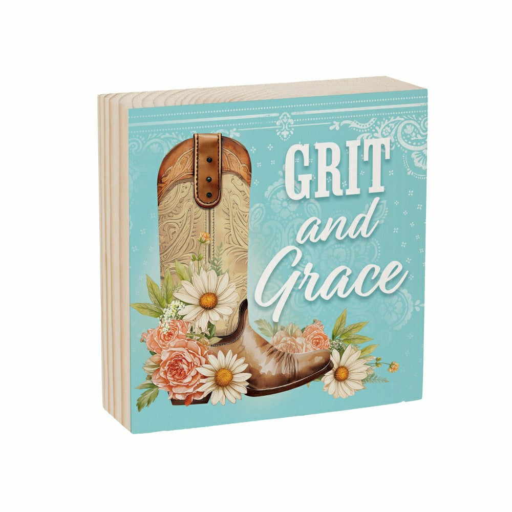 Petal & Plow Cowboy Boot Sign Wood Block "Grit and Grace", 6"x6" | Plow & Hearth