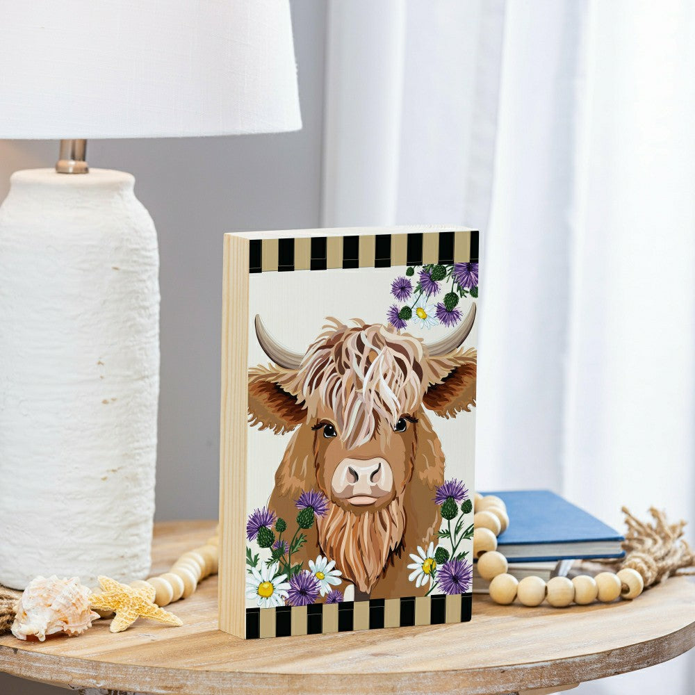 Petal & Plow Highland Cow Sign Wood Block, 8"L x 12"H | Plow & Hearth
