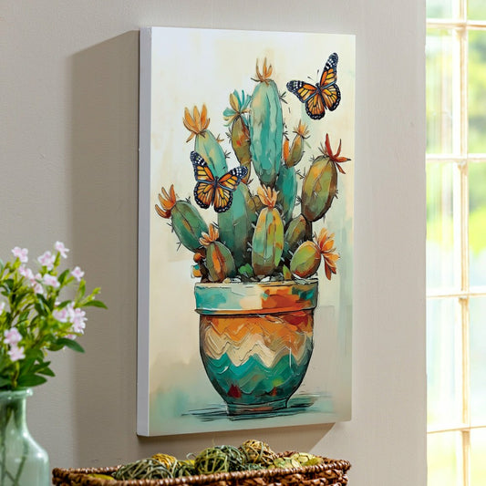 Southwest Pueblo Indoor Wall Décor, Wood, Painted Cactus and Butterfly | Plow & Hearth