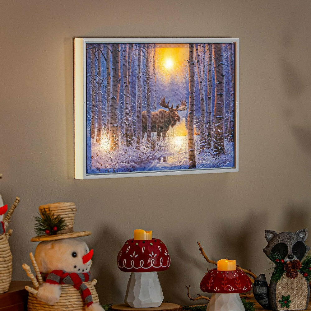 Woodland Storybook Indoor Wall Decor, LED Canvas with White Frame, Moo | Plow & Hearth