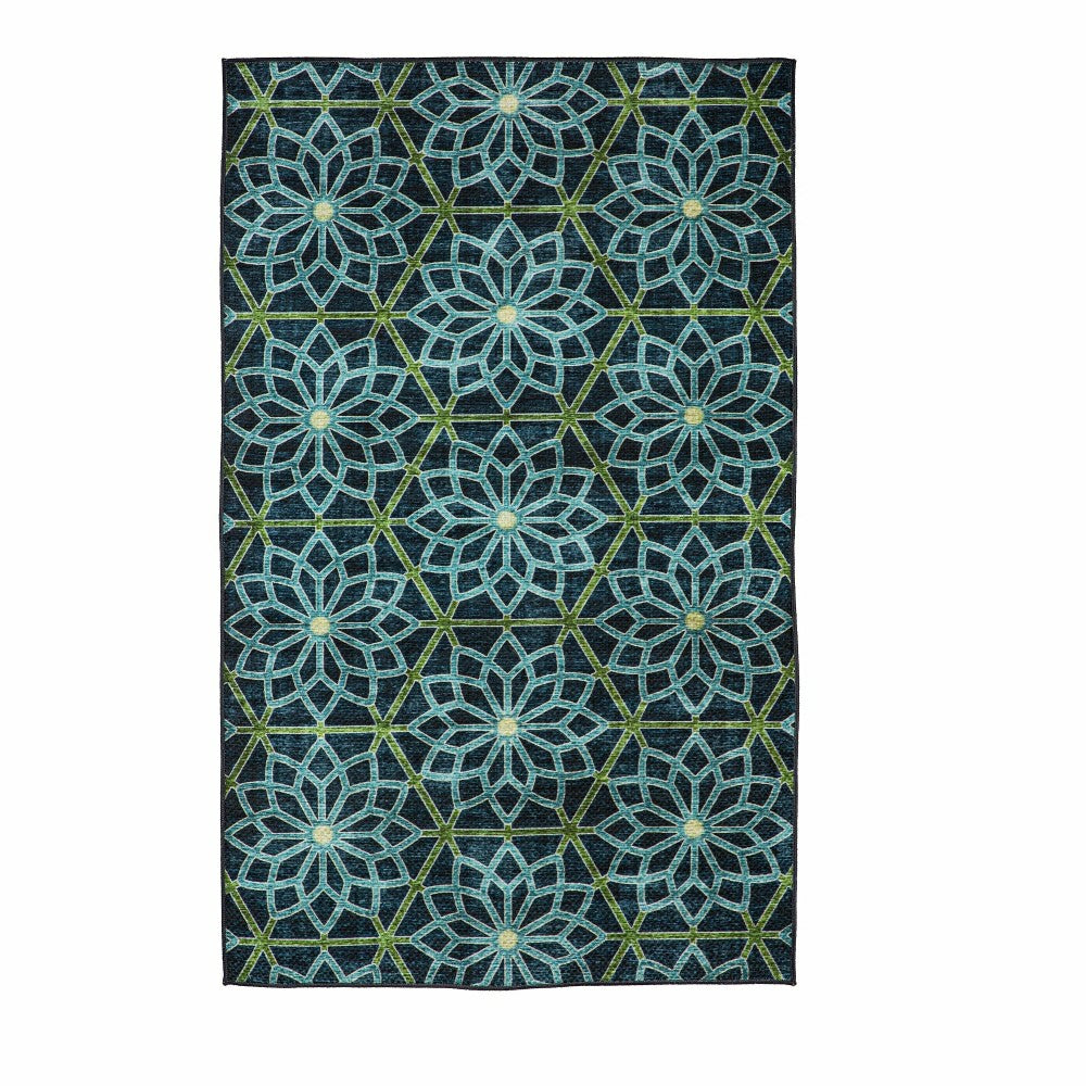 Indoor/Outdoor Machine Washable Blue Kaleidoscope Printed Rug, 3' x 5' | Plow & Hearth