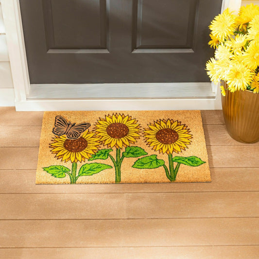 Sunflower Field Coir Mat with Rubber Embossed Butterfly | Plow & Hearth